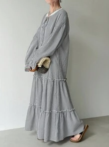 FRIFUL 女式条纹领撞色灯笼袖长下摆多层拼接纯色休闲秋装，秋季女装长袖连衣裙 - 藍色 - 查看 2