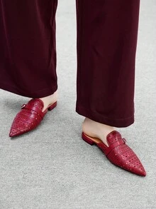 CUCCOO BIZCHIC 女士波西米亚风镂空透气穆勒鞋，酒红色尖头平底低跟皮革搭扣平底鞋 - 酒紅色 - 查看 4