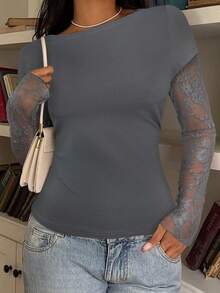 CovetEZ Women's Casual Gray Knit Lace Patchwork 2 In 1 Long Sleeve Top - Grey - View 3