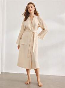 Ocili 休闲女士舒适柔软棉质网眼双层睡袍家居服睡衣，舒适保暖，秋冬款 - 卡其色 - 查看 4