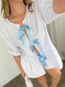 Auralis 大码女式条纹短款泡泡袖系带荷叶边下摆衬衫和短裤宽松两件套 - 彩色 - 查看 5