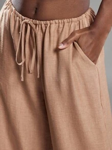 NYA SZN Trouser Tie Elastic Waistband Side Tie Ruched Linen Pants Beach Workwear S Brown - Brown - View 6
