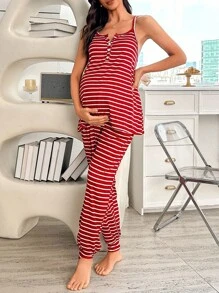 SHEIN 孕妇休闲条纹印花前拉链连体裤