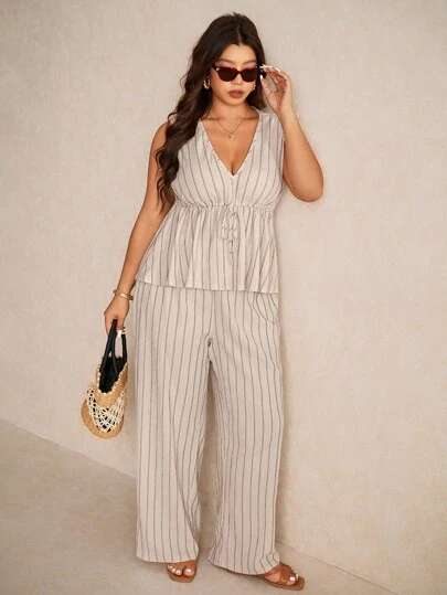 Elaquor Plus Size Casual Vacation Striped Sleeveless A-Line Dress Shirt And Straight Leg Casual Pants 2 Pieces Set