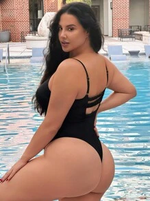 Slaysola Plus Size Solid Color Spaghetti Strap One-Piece Swimsuit, Vacation & Beach For Summer - Black - View 4