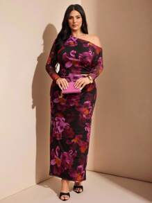 SHEIN BAE Plus Size Women's Date Night Minimalist Elegant Comfortable Asymmetric Neck Pleated Top And Low Waist Twist Knot Skirt Elegant Lady's 2 Pieces Set/Fall Two Pieces Sets/Top And Skirt Set/Knit Set,Purple And Black Printed Long Mesh Two Pieces Suit,Fall Women Clothes,Halloween,Back To School Clothes,School Clothes,Christmas,Winter,Summer Dresses For Women,Wedding Guest Dress Women Curve,Plus Size Dresses,Birthday Outfits For Women,Vacation Outfits Woman,Formal Dresses For Women,Western Wear Women,Purple Set,Mesh - Purple - View 3