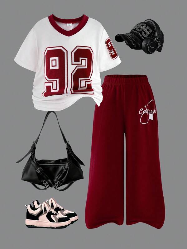 SHEIN Explorewe 2pcs Girls White V-Neck Short Sleeve Top T-Shirt And Burgundy Loose Comfortable Pants Casual Sports Outfit, Summer Y2k Tween Outfit