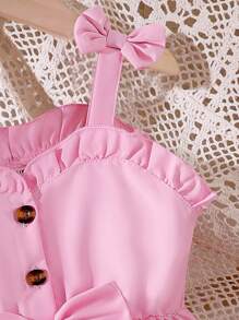 2件套女童甜美可爱夏季蝴蝶结吊带背心和牛仔喇叭裤，饰有樱桃刺绣，甜美风格女童套装 - 粉色 - 查看 4