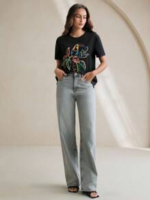 Anewsta 优雅鸟刺绣圆领 T 恤，图案 T 恤适合春夏季度假