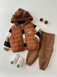SHEIN 3pcs/Set Baby Boy/Girl Casual Cute Khaki Fleece Jacket Vest Outerwear, Khaki & Brown Striped Sweatshirt And Pants Set, Unisex Baby Clothes, Baby Winter Clothes, Halloween Costume Fall
