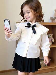 Blusa blanca casual de estilo escolar con volantes y lazo para niñas, ropa de niñas, camisas para niñas, ropa de verano para niñas, vestido de niña de las flores, blusa blanca, ropa de niña, ropa de vuelta al colegio para niñas, uniforme escolar, camisa blanca, ropa de verano para niños - Blanco - Ver 1