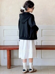 SHEIN Genkimix Kids 少女蝴蝶结印花拉链卫衣，秋冬季时尚之选 - 黑色 - 查看 2