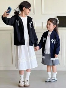 SHEIN Genkimix Kids 少女蝴蝶结印花拉链卫衣，秋冬季时尚之选 - 黑色 - 查看 6