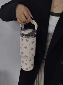 1 قطعة كوب عازل للحرارة والبرودة سعة 900 مل/33.44 أونصة بتصميم قلب وفيونكة، زجاجة مياه كبيرة السعة مع مقبض وقش، غطاء للشرب من الجانبين، للسفر والخارج والرياضة والمدرسة، هدية عيد - متعدد الألوان - مشاهدة 5