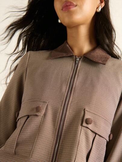 Nöista Chaqueta tejida de cuadros en un cuello color marrón oscuro, con bolsillos frontales grandes, cremallera abierta y un ajuste relajado, ideal para looks casuales, de oficina, de otoño, western, de vuelta al colegio y con inspiración bohemia para mujeres.