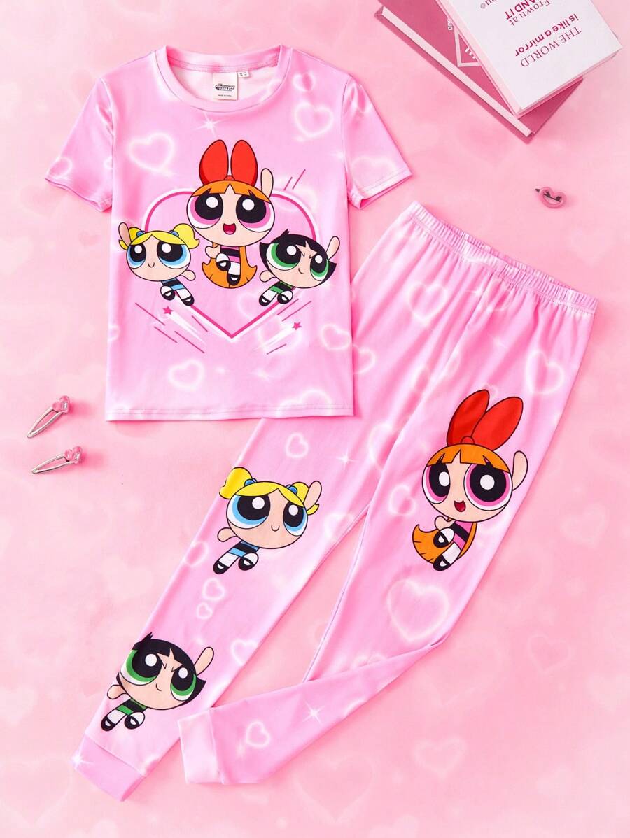 THE POWERPUFF GIRLS X SHEIN Tween Girl Blossom, Bubbles, Buttercup Pattern Pink Cute & Sweet Short Sleeve T-Shirt And Pants Pajama Set - Pink - View 1
