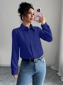 Elenzga Women's Solid Color Long Sleeve Single-Breasted Casual/Work Shirt Fall Cloth For Women - Navy Blue - View 3