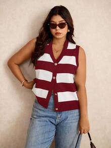 Elaquor Plus Size Fall Casual Colorblock Striped Knit Vest,Fall Clothes For Women Autumn