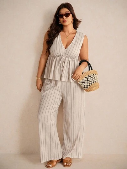 Elaquor Plus Size Casual Vacation Striped Sleeveless A-Line Dress Shirt And Straight Leg Casual Pants 2 Pieces Set