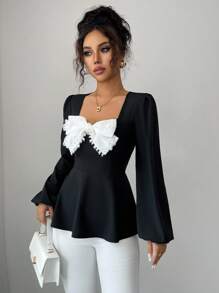 Elenzga Bluză elegantă, în linie A, cu croială slim fit, alb-negru, cu guler cu volane, cu mâneci lungi și bufante, cu perle negre, stil francez - Negru - Vizualizare 3