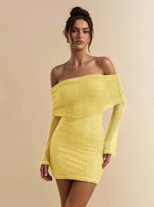 SHEIN BAE 薄荷绿钩针露肩镂空迷你裙、度假沙滩裙、精致钩针裙、早午餐裙、优雅太阳裙、春夏 - 黃色 - 查看 7