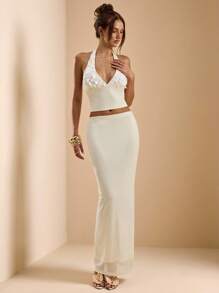 SHEIN BAE 2 件套女式夏季杏色露背前系带亮片紧身胸衣上衣和高腰裙套装，优雅度假俱乐部场合可爱性感浪漫 - 杏色 - 查看 4