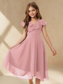 SHEIN Tween Girl Elegant Minimalist Fashion V-Neck Ruffle Collar Sleeveless High Waist Mid-Length Solid Color Chiffon Fabric Pink Dress, Summer Tween Girl Graduation Ceremony Wedding Flower Girl Dress - Pink - View 7