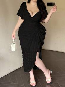 Vibekara 复古法式泡泡袖波尔卡圆点纹理女式派对连衣裙 - 黑色 - 查看 5