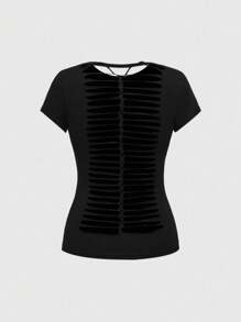 ROMWE Spring/Summer Graphic Black Plus Size Grunge Punk Inspired Asymmetric Shoulder Loose Black & Grey Retro Striped T-Shirt, Plus Size - Black - View 2