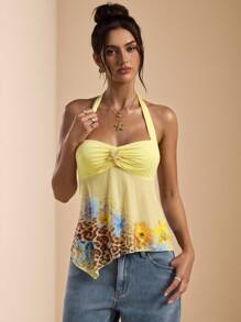 SHEIN BAE Áo crop top cổ yếm in hoa, họa tiết da báo, màu vàng trơn mùa xuân/hè, trang phục đi nghỉ, áo crop top màu vàng/hoa - Màu vàng - Xem 4