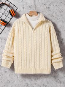 SHEIN Tween Boy 1 Piece Vintage Cable Knit Sweater , Beige Half-Zip High Neck Pullover, Adjustable Zipper Collar, Regular Fit Wool Blend Top For School Daily Wear, Father-Son Matching, Birthday & New Year Gift Idea Fall Winter - Apricot - View 3