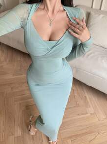 DAZY Váy midi xếp ly cổ vuông họa tiết hoa dành cho nữ, váy thu tay dài, váy dạ hội - Màu xanh lam - Xem 1