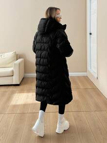 EURMUSE Women Solid Color Zipper And Pocket Detailed Winter Coats - Black - View 2