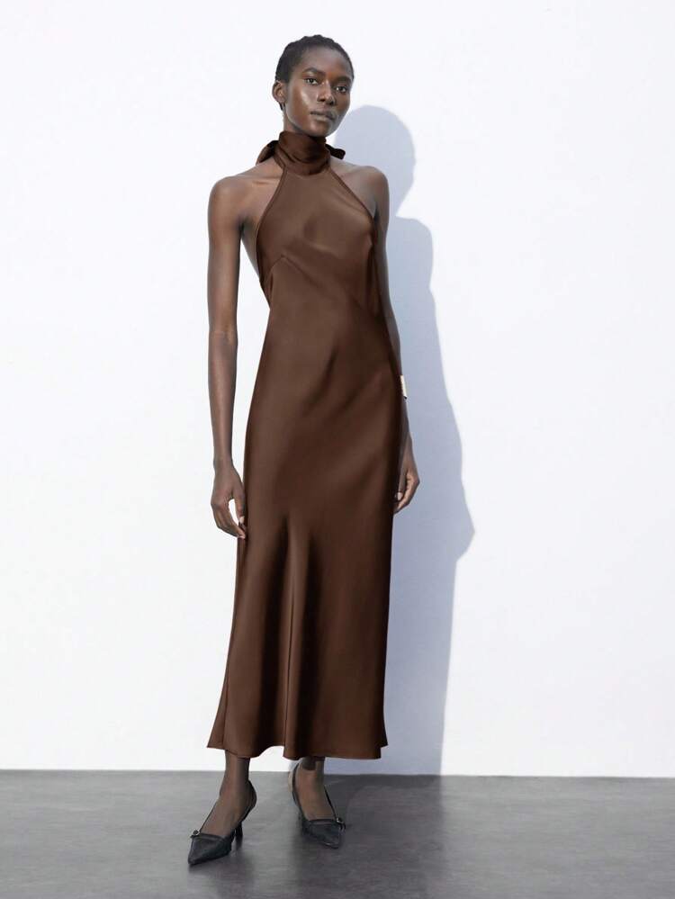 SHEIN Maija Women's Brown All-Season Versatile Modern Urban Fashion Design Long Dress, Halter Neck, Solid Color, Fitted, Minimalist, Casual Everyday Wear,Autumn Outfits For Women, Christmas Women's Clothing, Elegant Party Dress  St Patrick's Day Women Easter Summer Outfits Easter Dress Women Party Top Beach Dress Summer Holiday Outfits Each Vacation Outfits For Women  Summer Outfit For Women Going Out Outfits Graduation Graduation Outfit  Casual Dresses  Casual Blouses For Women