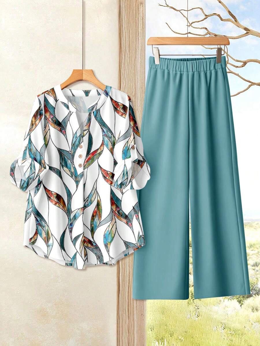 Rusticease 女士休闲优雅宽松圆领长袖上衣和裤子套装，夏季服装，树叶印花