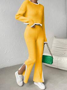 Chiquease 2pcs Contrast Trim Round Neck Long Sleeve Top And Split Hem Pants Knit Set Knitted Sweater Clothes For University - Mustard Yellow - View 6