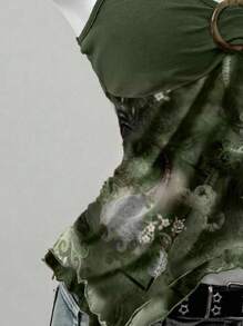 Muchica 休闲简约绿色复古印花图案女式背心，适合夏季 - 綠色 - 查看 5