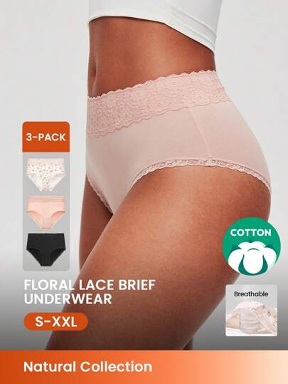 LUVLETTE 3 条装蕾丝边棉质中腰基本款三角裤女士内衣内裤套装 - 花卉印花蕾丝边
