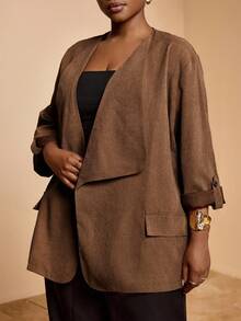Slaydiva 2025 Nuevo Blazer informal de otoño/invierno para mujer de talla grande, corte holgado, tacto de terciopelo, cuello de solapa, manga 3/4, bolsillos, adecuado para negocios, casual, oficina, calle, vacaciones, graduación, fiesta, Día de la Independencia - Caqui - Ver 3
