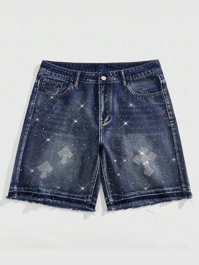Goth Men's Summer Fashion Distressed Cross Rhinestone Pattern Denim Shorts