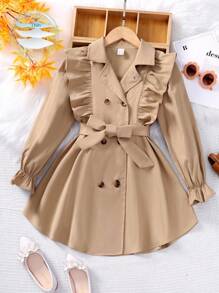 SHEIN Tween Girl Double Breasted Ruffle Trim Flare Sleeve Belted Trench Coat,In Fall/Winter