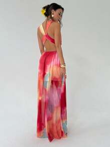 Aloruh 女式深V领扎染印花无袖连衣裙 - 粉色 - 查看 2
