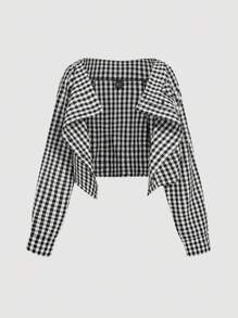 SHEIN MOD 黑白格子双面衬衫，1 件上衣，2 种穿法，乡村音乐会，可爱，生日，西部女装，度假，复古，早午餐，外出上衣，学校，办公室，工作，返校，机场 - 黑與白 - 查看 4