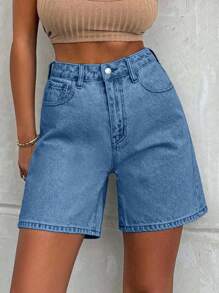 EURMUSE 100%Cotton LIGHT WASH HIGH WAIST SHORT - Blue - View 8