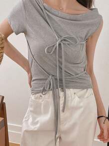 DAZY Women's Simple Solid Color Front Tie Oblique Shoulder T-Shirt, Summer - Grey - View 4