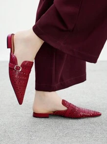 CUCCOO BIZCHIC 女士波西米亚风镂空透气穆勒鞋，酒红色尖头平底低跟皮革搭扣平底鞋 - 酒紅色 - 查看 3