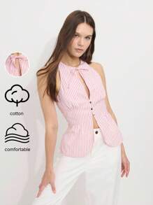 Nöista 合身的条纹荷叶边上衣，采用轻质纹理面料，露背领口搭配蝴蝶结；是女性理想的海滩装和休闲骄傲庆典装扮；百搭的夏季必备单品。 - 彩色 - 查看 1