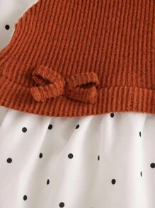 Girls' Spring/Autumn Korean Style Outfit, White Polka Dot Shirt With Collar, Brown Knit Vest With Bow Waist, Ribbed Knit Flared Pants, Simple Casual Commuter Suit Girls 2 Piece Outfit Fall Little Girl Autumn Suit Burnt Orange Toddler Suit Toddler Girl Fall Outfit Orange Two Piece Set Kids Winter - Brown - View 4