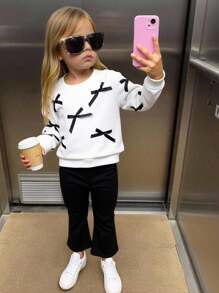 Baby Girl Cute & Cozy Elegant Bow Round Neck Sweatshirt And Long Pants Set - Black and White - View 4