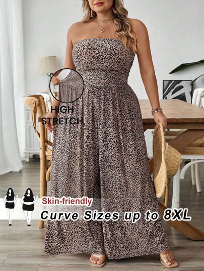 SHEIN CURVE+ Curve Plus Size/Autumn Clothes /Fall Women Clothes/Winter Clothes For Women/Winter ClothesPlus Size Casual Vintage Leopard Print Sleeveless Loose Wide Leg Jumpsuit, Bohemian Style Western Wear Festival Party Holiday Beach Outfitfall Clothes For Women,Winter,CURVE PLUS